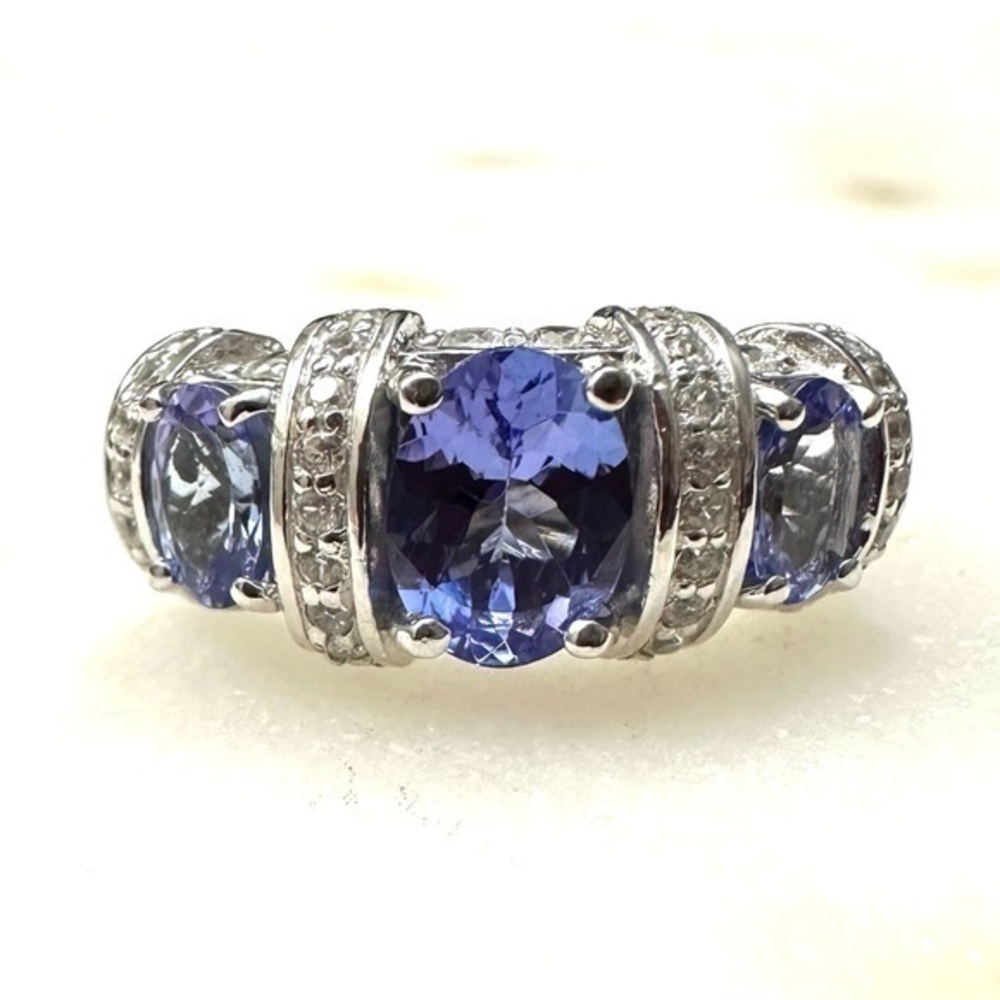 3 Stone Blue Tanzanite | White Zircon Rhodium over Sterling Silver Ring 2.44ctw